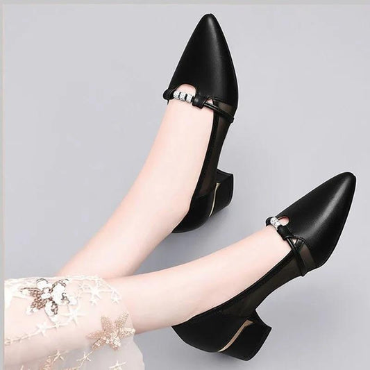 Real Soft Leather Single Shoes Women Spring and Autumn Mesh Breathable Thick Heel Small Leather Shoes British Style Shallow Mouth Work Shoes