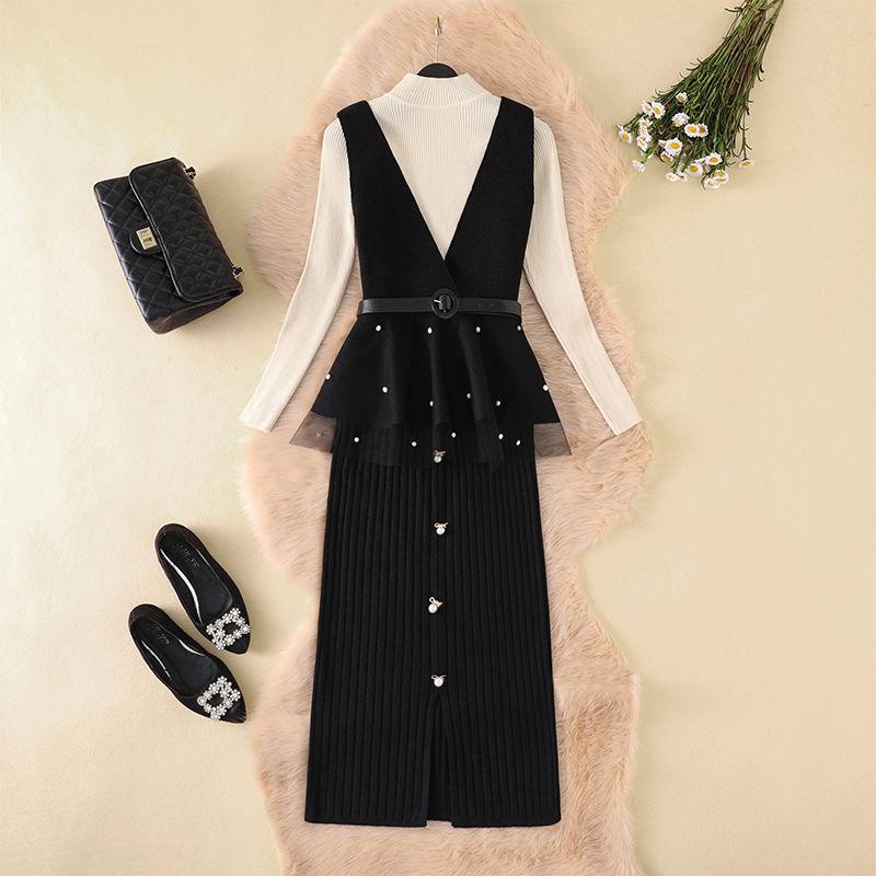 Autumn and Winter Sweater Suit Women's Waistcoat Knitted Sweater Top and High Waist Bag Hip Bodycon Skirt Three-piece Set Office Ladies Outfits