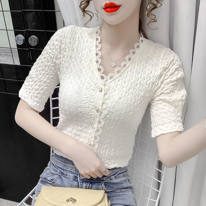 Women Lace Slim Shirt Button Cutout Cardigan V-neck Short Sleeve Top Casual Shirt French Vintage Top