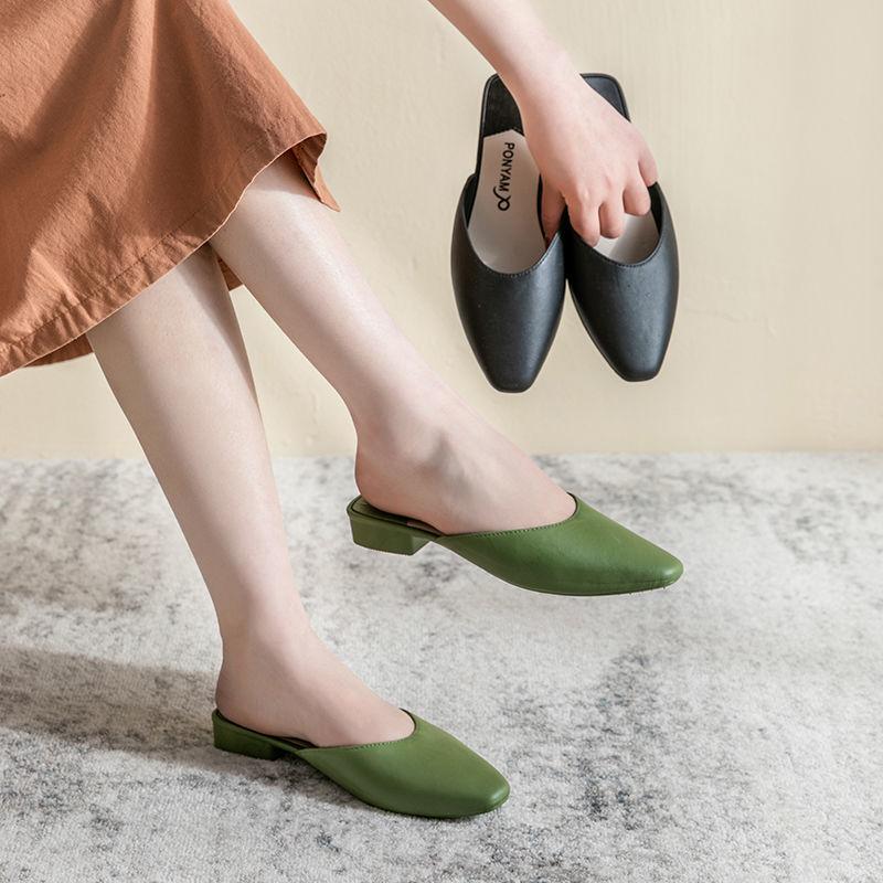 Baotou Half Slippers Female Summer Wear Flat Bottom Low Heel One-foot Lazy Sandals and Slippers Female Retro Pointed Toe Shoes