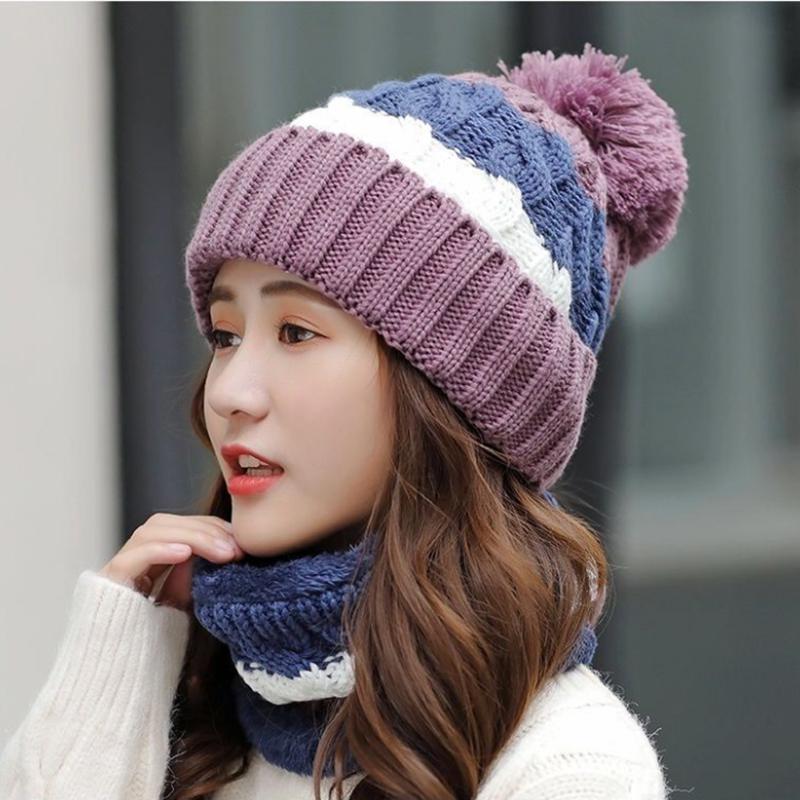 Women's Winter Knitted Hat Korean Style Woolen Cap Plus Velvet Fur Ball Warm Hat Cotton Cap Cycling Cold Proof Cap with Scarf Neck Protection