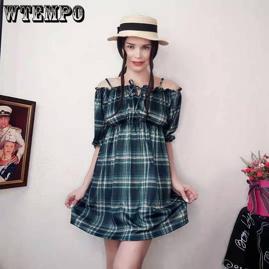 Women Sexy Off-shoulder Dress Retro Plaid Puff Sleeve A-line Dress Slash Neck Spaghetti Strap Mini Derss