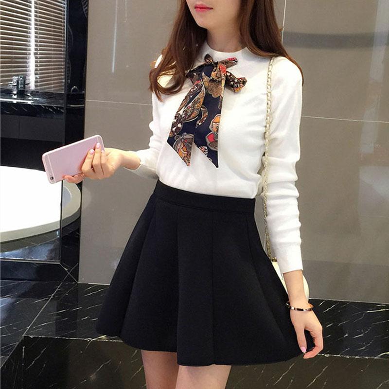 Autumn and Winter Knitted Long-sleeved Sweater Pullover Solid Color Round Neck Blouse Bow Tie Fashion Women's Bottoming Shirt