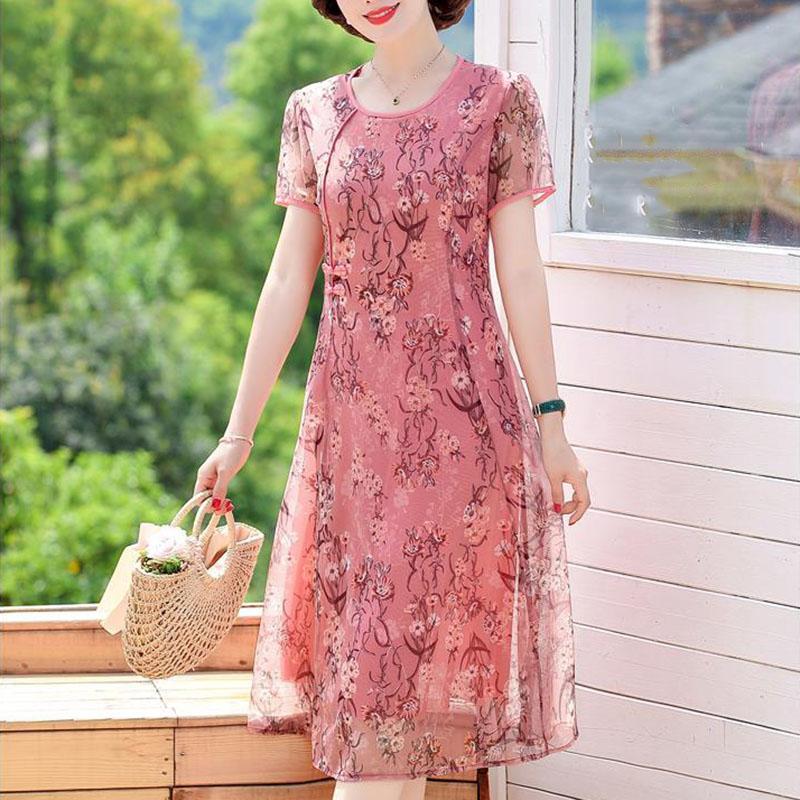 Mom Summer Dress Middle-aged and Elderly Women's Noble Mid-length Chiffon Over The Knee Summer Dress