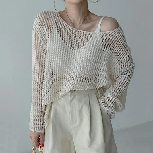 Knit Sweater Blouse Women's Summer Round Neck Pullover Loose Top Thin Hollow Sunscreen Argyle Sweater