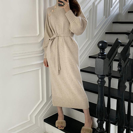 Turtleneck Sweaters Knitted Dress Women Luxury Designer Pullover Long Sleeve Plus Size Loose Jumper Autumn Winter Fashion Lantern Sleeve Belt Coat