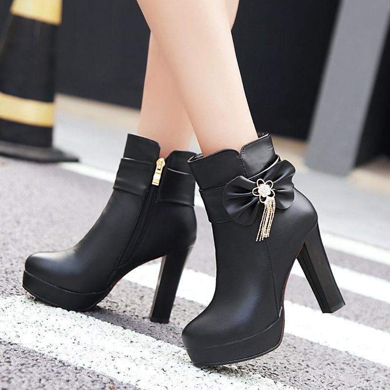 Sweet Ladies Booties Rhinestone Bow Side Zipper High Heel Ankle Boots Female Winter Plush Boots