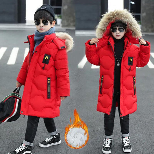 Boys Winter Jacket New Cotton-padded Clothes Big Boys Handsome Clothes Mid-length Velvet Thick Warm Jacket