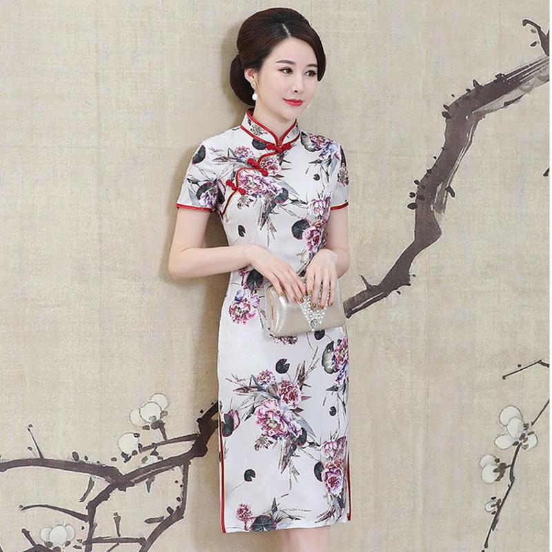 Cheongsam Female Summer Improved Cheongsam Mother Dress Large Size Silk Mid-length Short-sleeved Cheongsam Dress