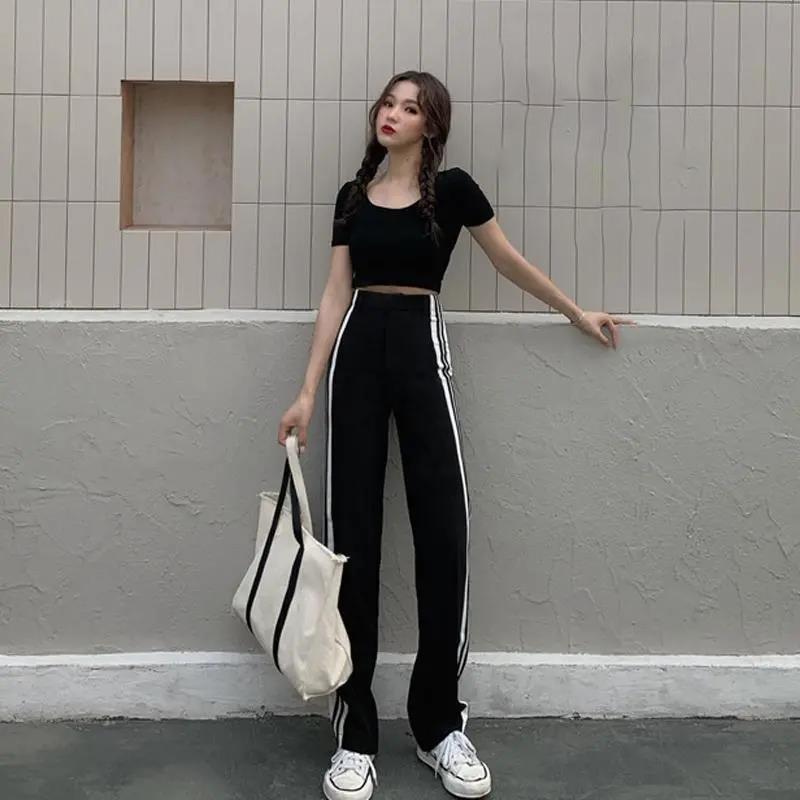 WTEMPO High Waist Sport Wide-leg Pants Striped Wild Loose Straight Leg Women's Baggy Trousers