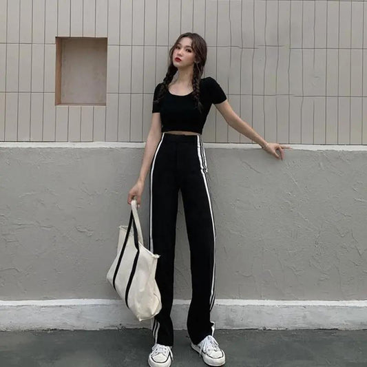 WTEMPO High Waist Sport Wide-leg Pants Striped Wild Loose Straight Leg Women's Baggy Trousers