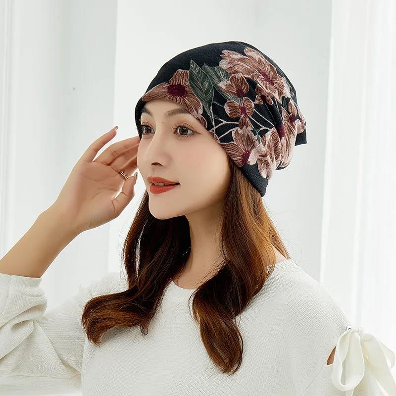 Women's Flower Hat Autumn and Winter Warm Multi-purpose Scarf Turban Mask Hat Pullover Sports Cap Casual Ear Protection Cap Bib Confinement Cap