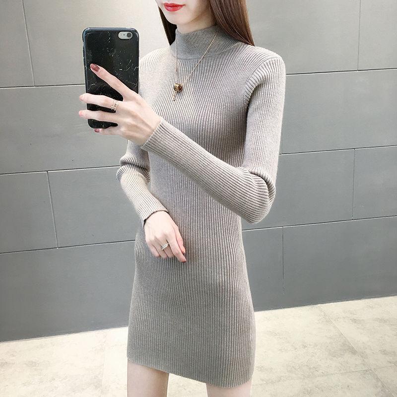 Autumn and Winter Long Thick Sweater Skirt Half High Neck Slim Knit Dress Simple Solid Color Female Base Dress