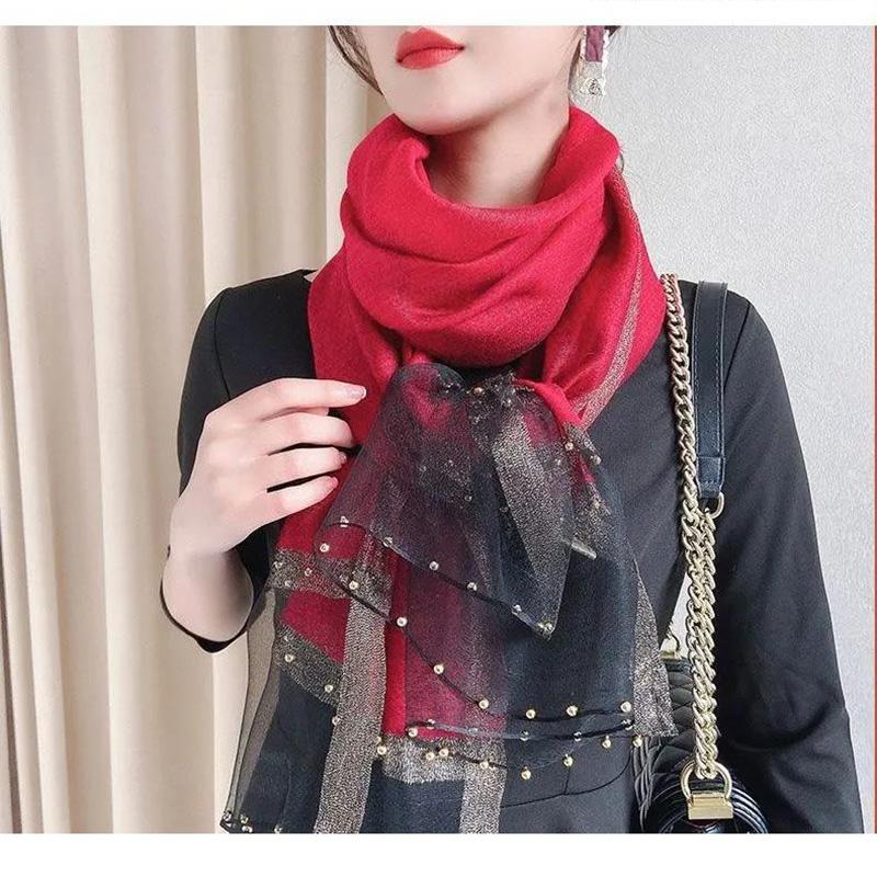 Women's Boutique Silk Scarf Mulberry Silk Scarf Warm Autumn and Winter Shawl Scarf Embroidered Gauze Scarves Pearl Hem Decor Neckerchief Solid Shawl