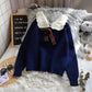 Autumn  Winter Fashion Plaid Bow-knot Long-sleeved Solid Color Pullover Blouse Loose Sweater Casual Women