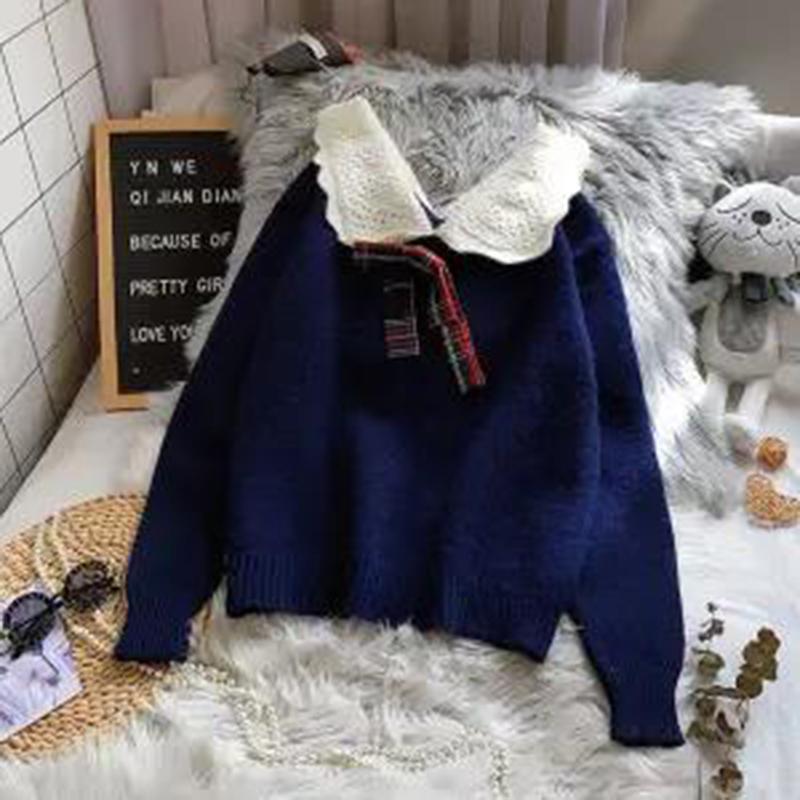 Autumn  Winter Fashion Plaid Bow-knot Long-sleeved Solid Color Pullover Blouse Loose Sweater Casual Women