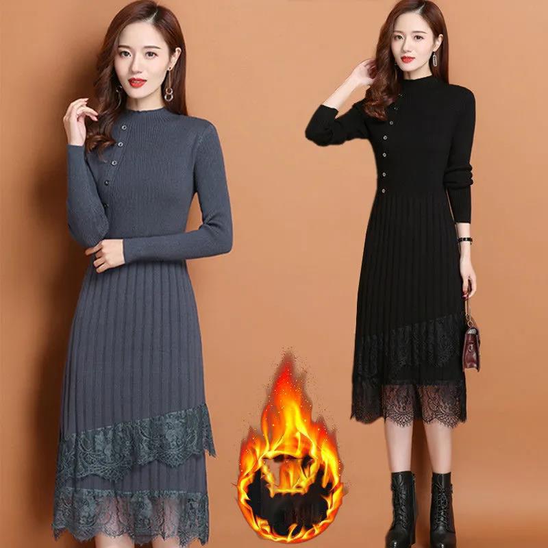 Women's Bottoming Dress In Spring and Autumn Mid-length Over The Knee Lace Knit Slimming Slimming Sweater Skirt Soft Fabric