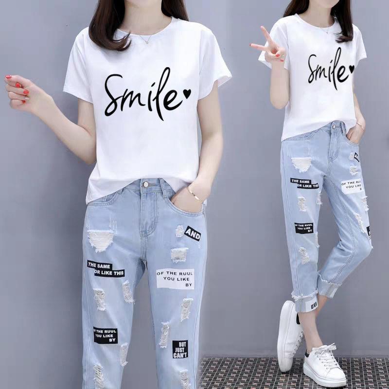 Suit Women Summer Short-sleeved T-shirt Nine-point Jeans Loose Two-piece Round Neck Short-sleeved T-shirt Loose Jeans