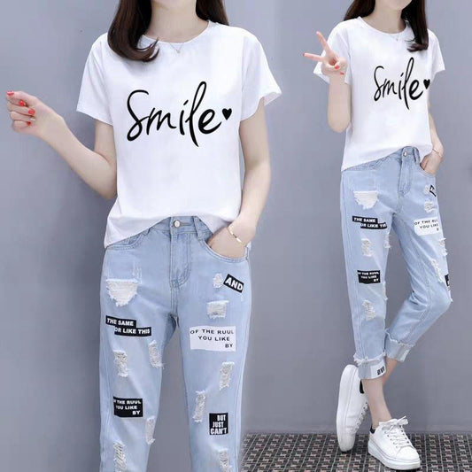 Suit Women Summer Short-sleeved T-shirt Nine-point Jeans Loose Two-piece Round Neck Short-sleeved T-shirt Loose Jeans