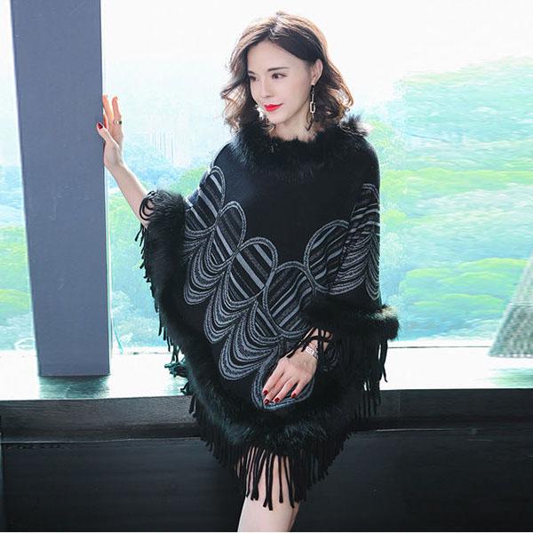 Autumn Winter Imitation Fox Fur Cloak Shawl Batwing coat Women's Faux Fur Coat Plus Size Tassel  Sweater Coat Mid-length