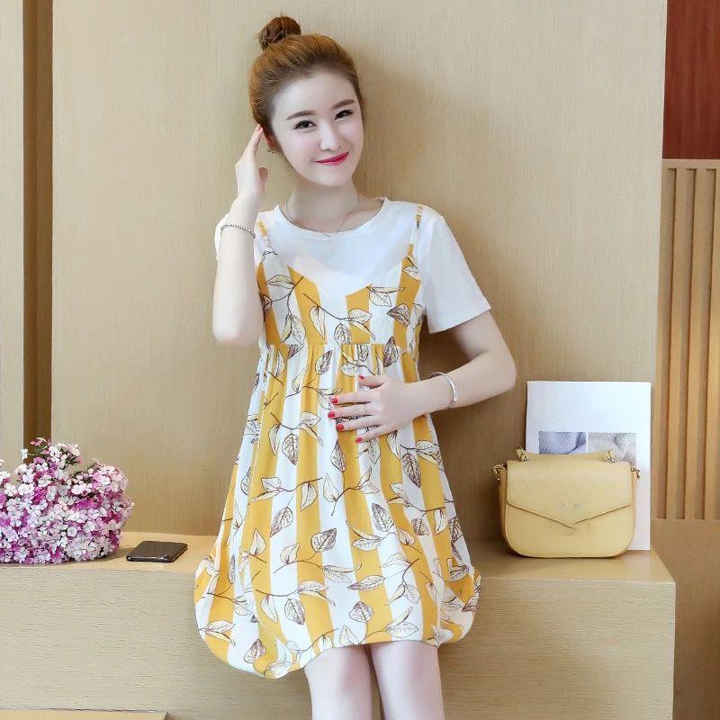 Loose Mid-length Ladies Dress Round Neck Short-sleeved Loose Skirt Casual Skirt Ladies Hanging Wide Loose Dress Sweet and Cute Fabric Soft