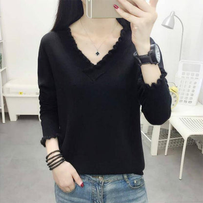 Solid Color Wild V-neck Sweater Knitted Bottoming Long-sleeved Loose Pullover Sweater