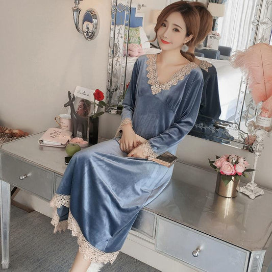 Nightdress Female Gold Velvet Fabric Soft Sexy V-neck Long Skirt Long Sleeve Lace Pajamas Female Spring and Autumn Mid-length Luxury Autumn and Winter