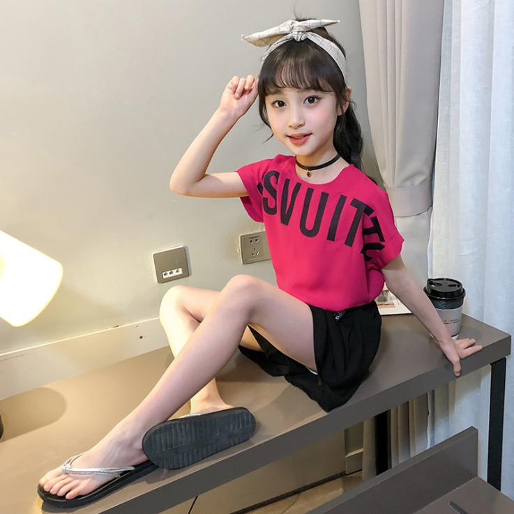 Girls' Children's Printed Letter Short Sleeve Suit Summer Girls' Korean Students' Shorts Two Pieces Set