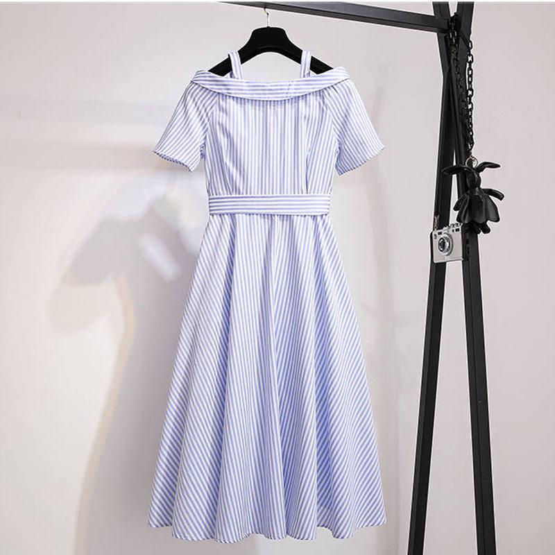 Pofulove Striped shirt dress summer women's midi loose off-shoulder pleated strap dress with belt