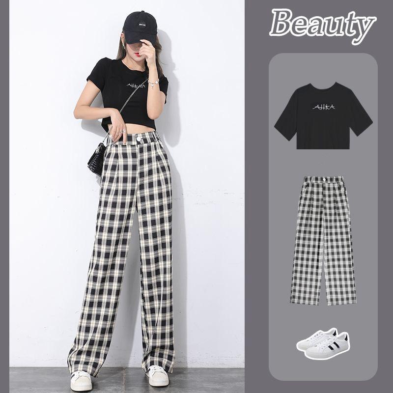 WTEMPO Women's Wide-leg Pants Black and White Grid Houndstooth Super Long Mid-waist  Straight Loose Casual Daily