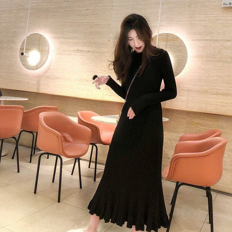 Fashion Slim Dress Winter Long Sleeve Half High Neck Buttoned Knit Sweater Mid-length Thin Dress