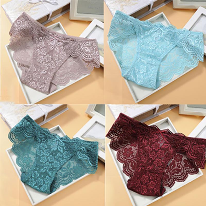 4-pack of Summer Sexy Lace Panties Cotton Crotch Hollow Ladies Panties Seamless Low-rise Women's Underwear