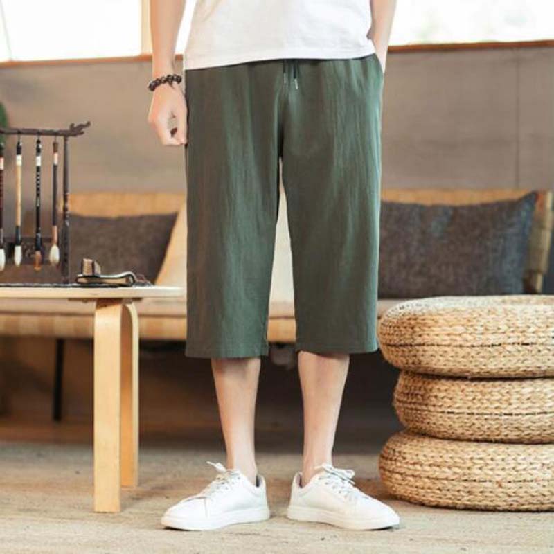 Cropped Pants Men's Linen Shorts Summer Thin Casual Pants Loose Large Size Cotton and Linen Beach Pants