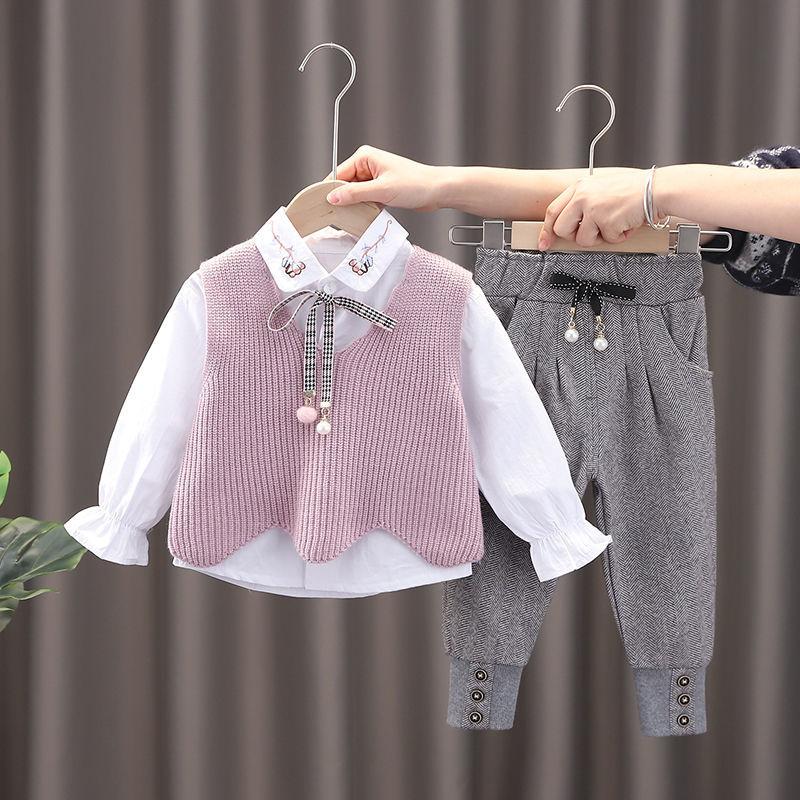 Female Baby Suit 0-5 Years Old Girl Korean Cute Spring and Autumn Clothes Long Sleeve Sweater Vest Three-piece