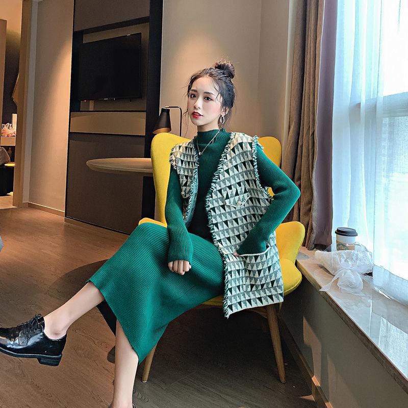 Sweater Suit Xiaoxiang Style Sub-vest Cardigan Jacket Autumn and Winter Knitted Sweater Suit Sweater Skirt Female Two-piece Suit