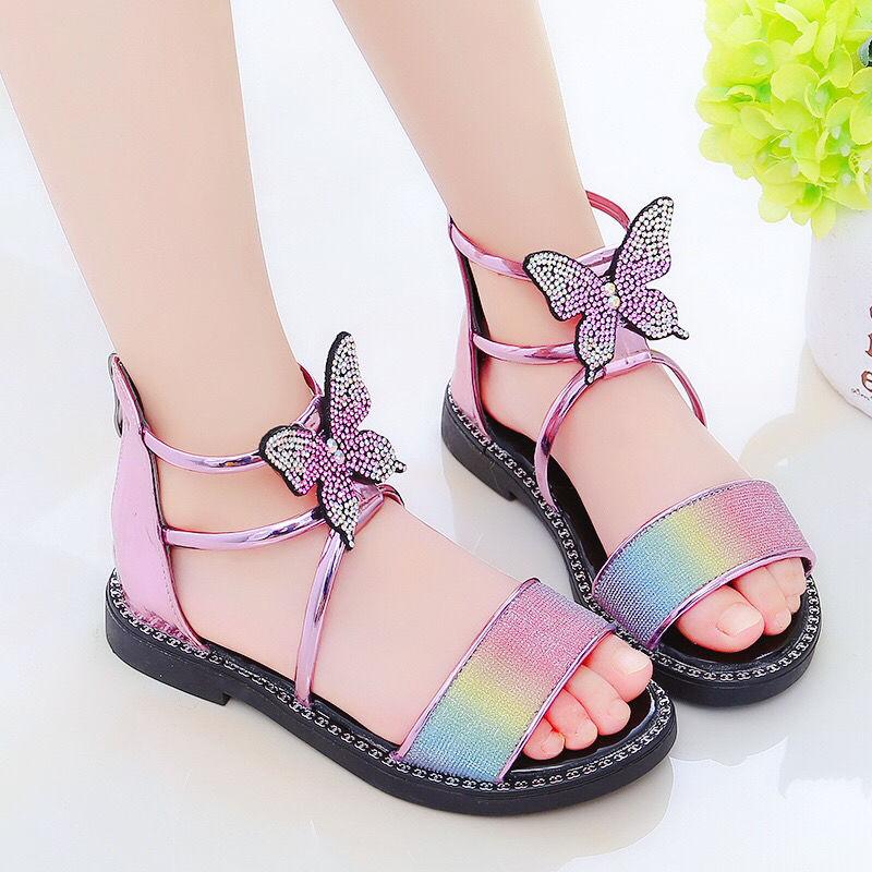 Girls Sandals Summer Korean Princess Sandals Rhinestone Roman Sandals Non-slip Soft Bottom Big Kids