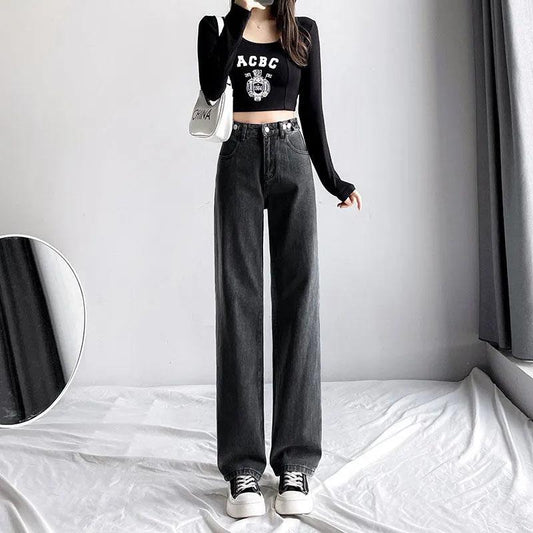 Women's High Waist Wide Leg Jeans Loose Thin Pants Spring and Autumn Dripping Straight Pants Ladies Denim Trousers