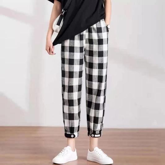 Women Long Pant In Spring and Summer Elastic Waist Loose Versatile Plaid Striped Casual Bottom Pant