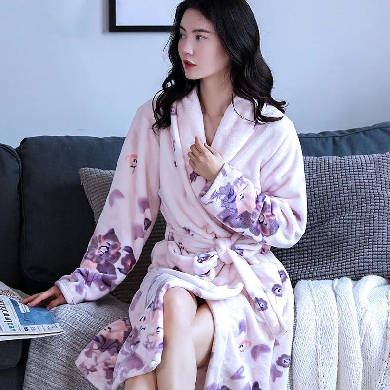 Female Coral Fleece Nightgown Robe Flower Flannel Pajama Autumn Winter Warm Thickening Bathrobe Long Japanese Kimono Bathrobe Sleeping Suit