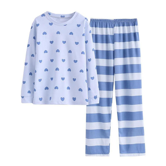 Women's Printed Heart Tops Striped Pants Long-sleeved Modal Pajamas Set Spring Autumn Two-piece Set Sweet Loose Casual Home Wear