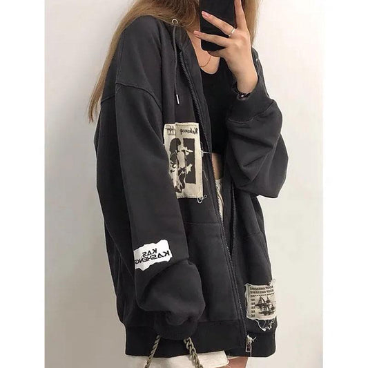 Retro Oversize Jacket Women's Spring and Autumn Loose Lazy Style Cardigan Hooded Couple Sweater Ins Personalized Print Patch Casual Zipper Jacket