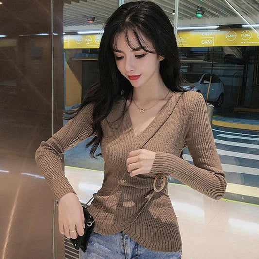 Pofulove Solid Color Long-sleeved Knitted Bottoming Shirt with A V-neck Tight-fitting Sweater