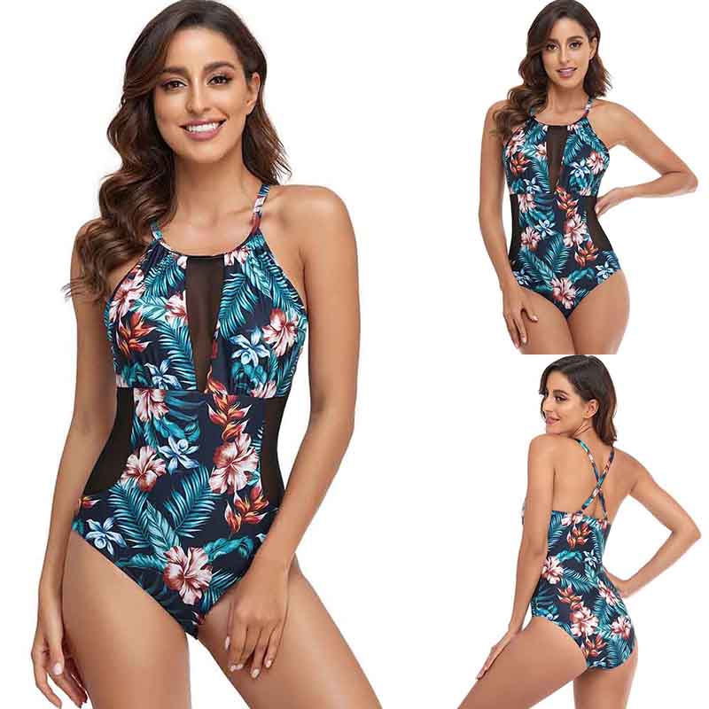 One-piece Swimsuit Women's Mesh Stitching Halterneck Print Swimsuit