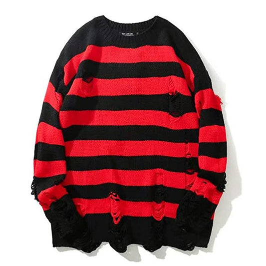 Couple Sweater Loose Lazy Trend Knit Bottoming Hole Men's Sweater Gothic Emo Punk Grunge Ripped Striped Sweater