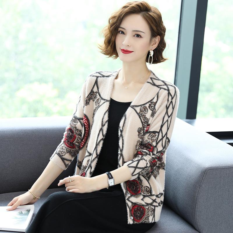 Artificial Mink Cashmere Cardigan Jacket Women's Printed Knit Sweater Autumn Winter  Short Knitted Jacket