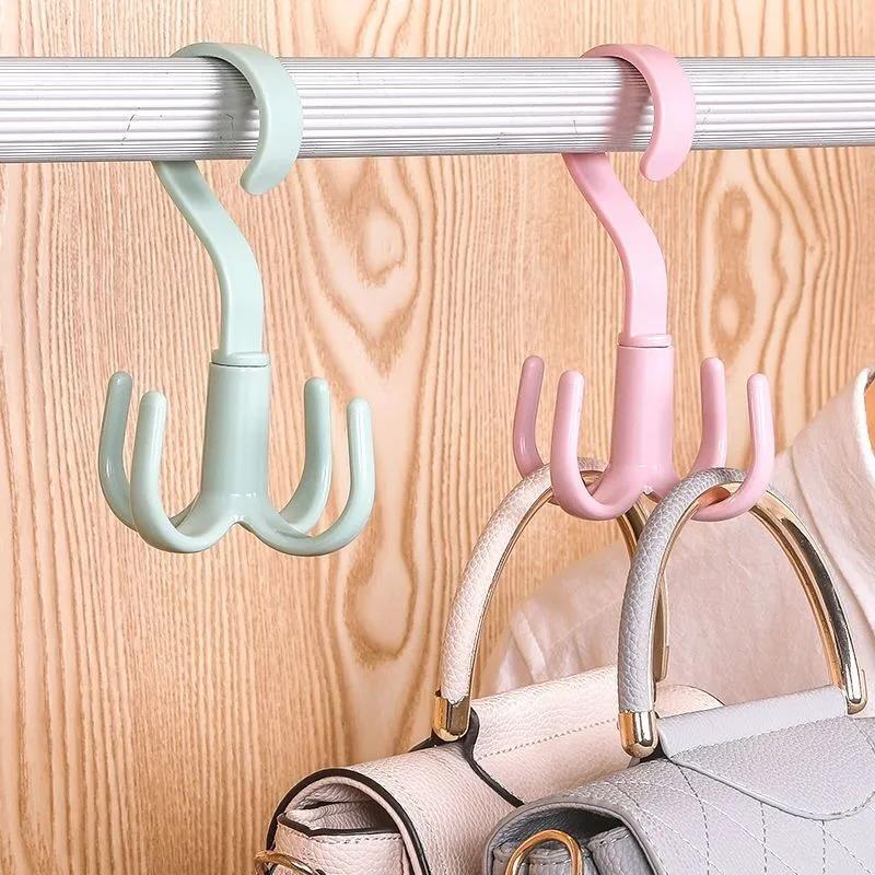 1/3PCS 360° Rotatable Towel Rack 4 Hooks Plastic Handbag Hat Clothes Ties Bag Holder Shelf Organizer Belt Closet Hanger Hanging Storage Hook