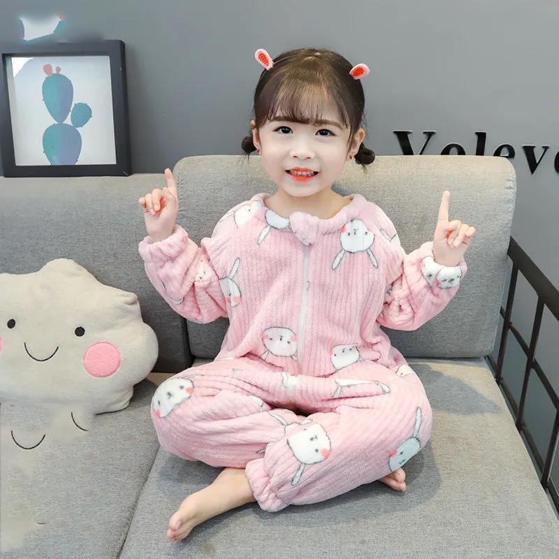 Baby One-piece Pajamas Autumn and Winter Plus Velvet Thickening Baby Flannel Sleeping Bag Boys and Girls Coral Velvet Home Service