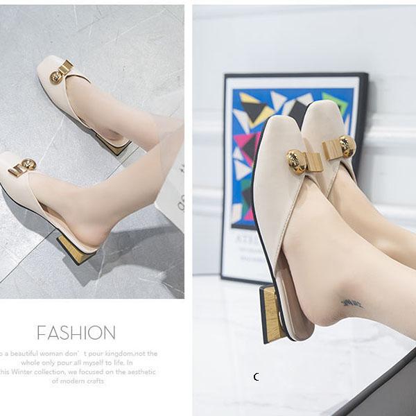 Size 35-40 Women Pu Leather Slippers Outdoor High Heels Bohemian Sandals Wear-resistant Non-slip Office Lady Square Toe Sandals