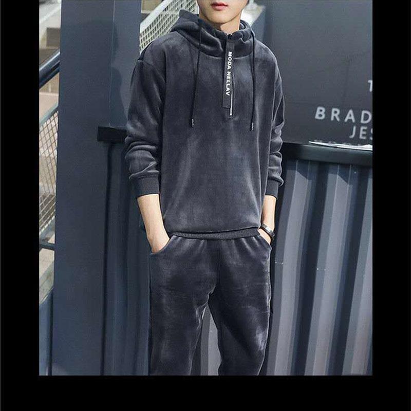 Gold Velvet Men's Sweater Suit Winter Fashion Hooded Plus Velvet Thick Korean Casual Sports Jacket