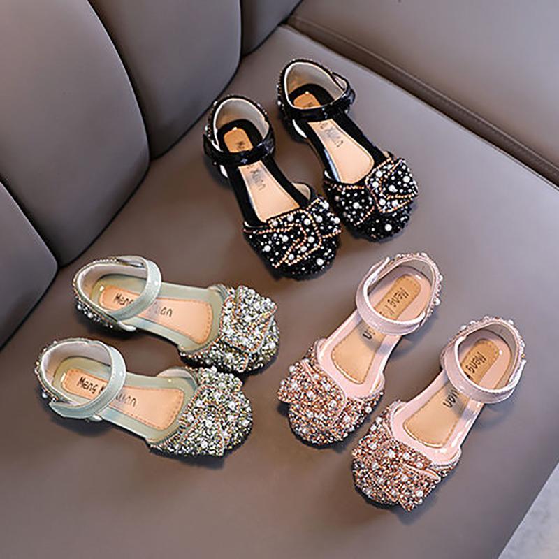 Girls Princess Shoes Non-slip Spring and Autumn Rhinestone Pearl Leather Shoes Children's Shoes Korean Soft Sole Baby Shoes